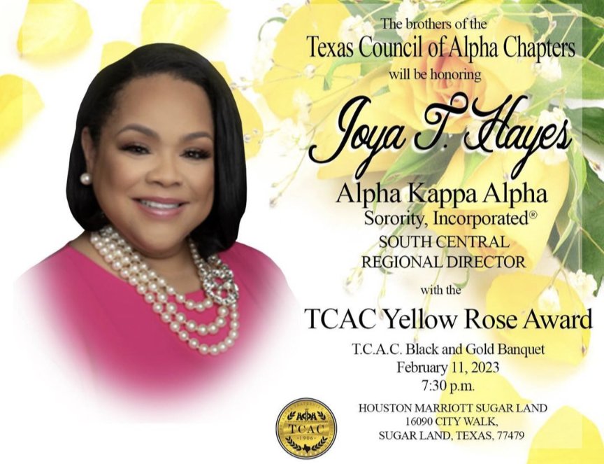 SouthCentralAKA's tweet photo. Congratulations to South Central Regional Director Joya T. Hayes on being honored with the TCAC Yellow Rose Award by the men of Alpha Phi Alpha Fraternity, Inc. during their 59th Annual District Convention. #AKA1908 #APA1906 #WeAreSouthCentral https://t.co/K9Co0W6NZF