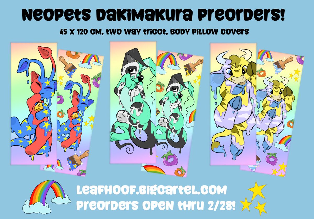 leafhoof's tweet photo. Pick your favorite virtual pet and snuggle up! These two-sided dakis feature full-size art on one side, and smaller art with decorative icons on the reverse. 🌈🥰

Pillow cases are 45 x 120 cm and made of comfy two-way tricot with zipper closure. https://t.co/ZSglIYddfa