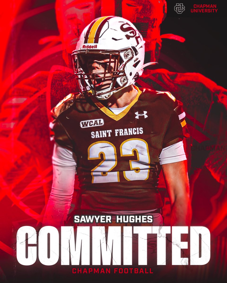 Sawyer Hughes (@sawyerhughes23) on Twitter photo Blessed to announce my commitment to Chapman University! I want to thank God, my family, friends, coaches, and teammates for supporting me throughout the process. Go Panthers!
<a href="/stfrancis_fb/">SFHS Lancer Football</a> 
<a href="/Chapman_Fb/">Chapman University Football</a> Blessed to announce my commitment to Chapman University! I want to thank God, my family, friends, coaches, and teammates for supporting me throughout the process. Go Panthers!
<a href="/stfrancis_fb/">SFHS Lancer Football</a> 
<a href="/Chapman_Fb/">Chapman University Football</a>