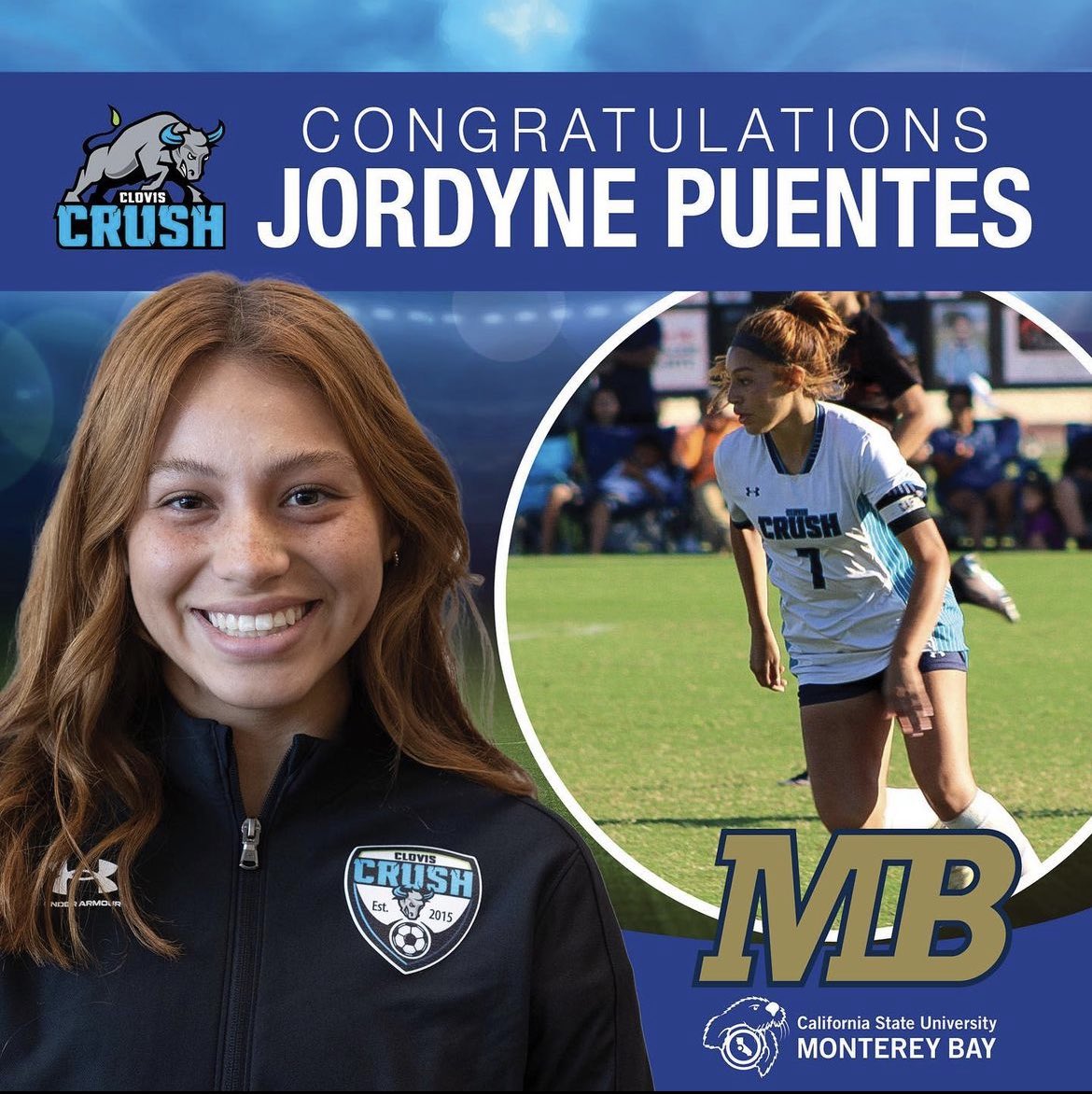Congtats to Jordyne Puentes on committing to transfer on scholarship to play soccer for CSU Monterey Bay this fall! 

Jordyne scored 18 goals and had 16 assists in 42 GP for the Crush.

#VamosCrush ⚽️