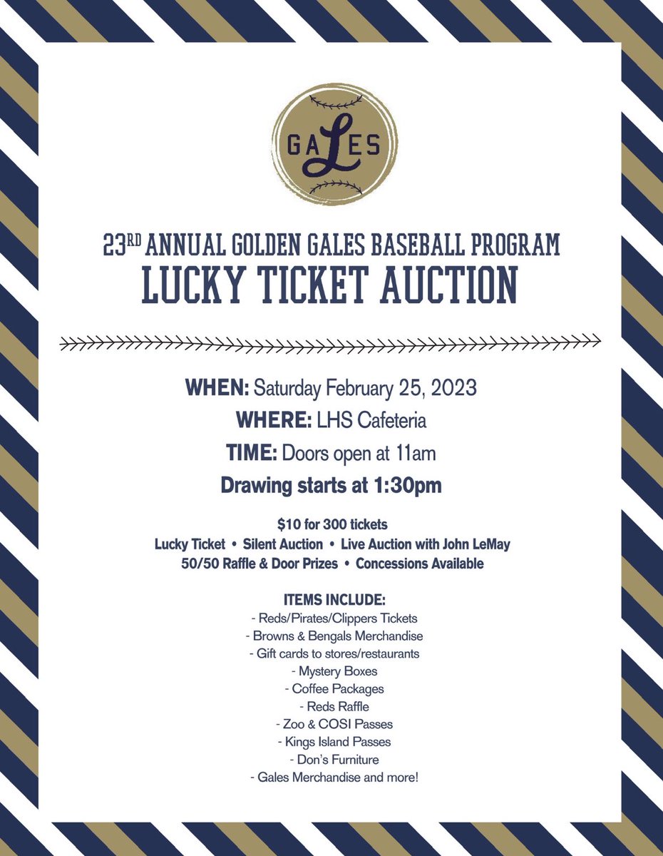 Gales Baseball Lucky Ticket Auction!!! Saturday, February 25th! Doors open at 11am. Great day of food, prizes, raffles, &amp; more!