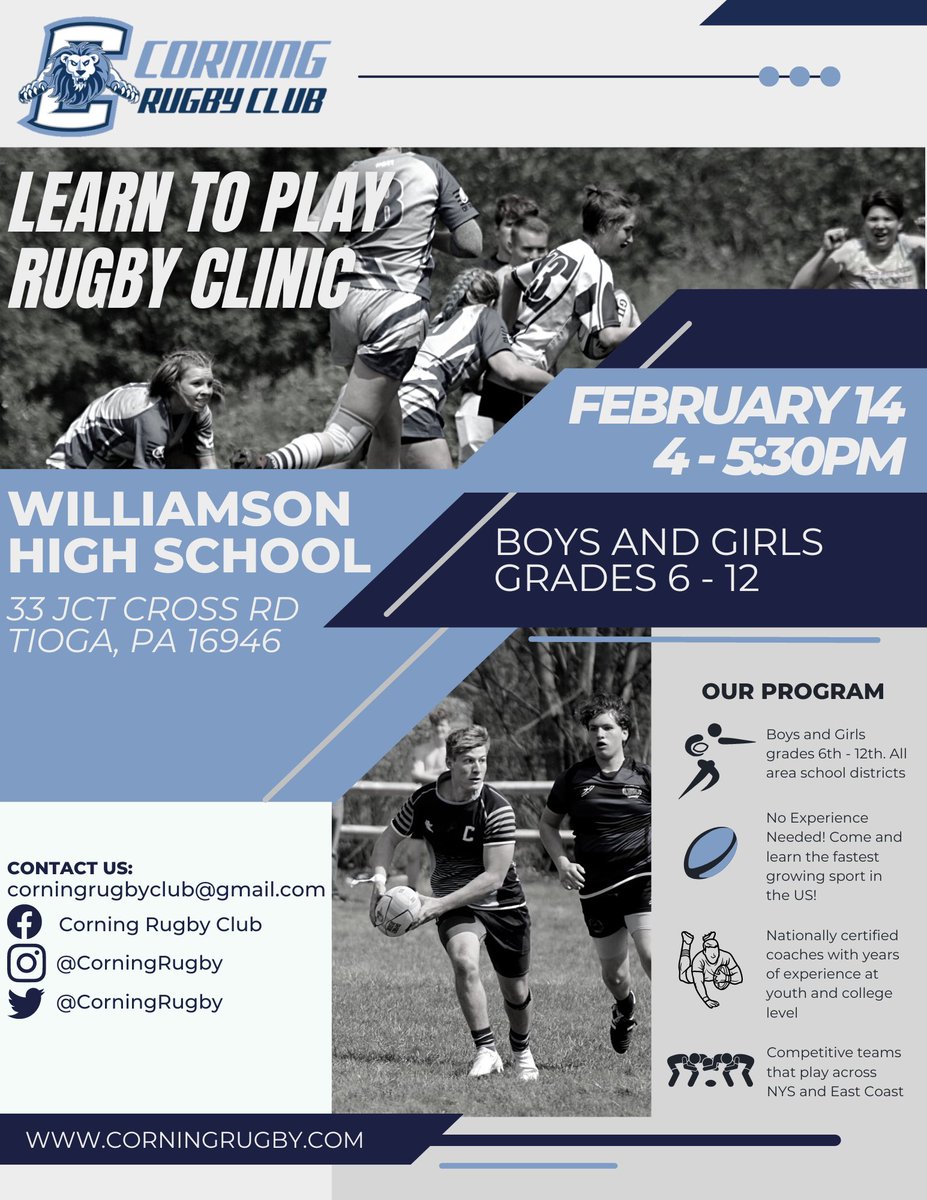 To all our neighbors in the Norther Tier of Pennsylvania, if you know someone in 6th - 12th grade interested in trying rugby they may want to check out this free clinic next week at the Williamson high school. #CorningRugby #GrowTheGame