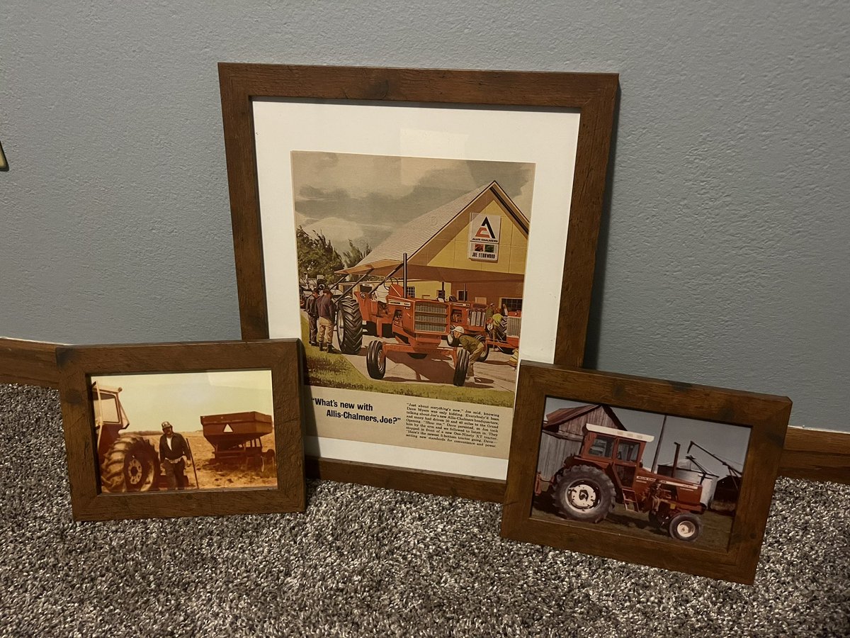 Vanny_1218's tweet photo. @CassieMisch Just moved, so not on the wall yet, but have had these in my living room for years. Old family pictures from around the farm and then an original ad for whatever piece of equipment is in the picture. https://t.co/515VRLgXUC