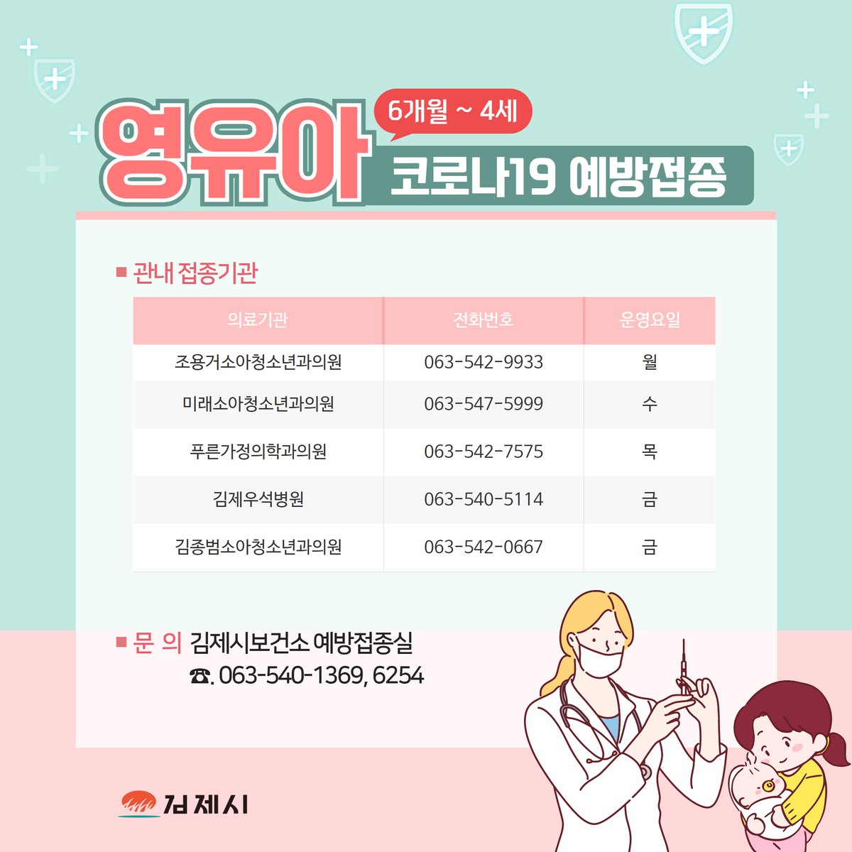 [영유아 코로나19 백신 예방접종 안내]

✅접종대상 : 6개월~4세 모든 영유아 
✅접종간격 및 횟수: 8주(56일) 간격으로 3회 접종
✅접종기관 : 조용거소아청소년과의원, 미래소아청소년과의원, 푸른가정의학과의원, 김제우석병원, 김종범소아청소년과의원

🔗ncvr.kdca.go.kr