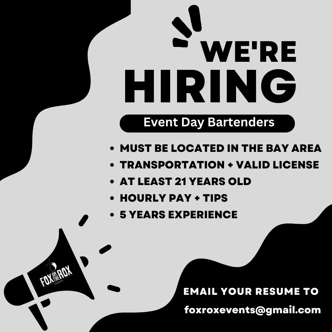 foxroxevents's tweet photo. We’re hiring!!! 🙋‍♀️ We’re so excited to be expanding and continuously filling our calendar of events that we’re looking for event day bartenders! 🤩 Interested? Email your resume to foxroxevents@gmail.com https://t.co/KRyotVgGcV
