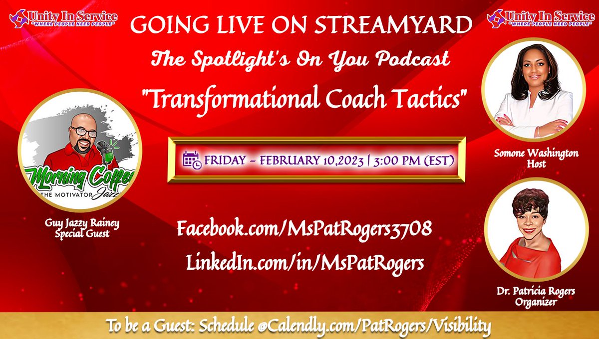 sdwashington's tweet image. Unity In Service, Inc. will be interviewing Guy Jazzy Rainey (NY) THIS Friday! He will share valuable info to assist #coaches in the #strategies that will enhance skills &amp;amp; increase the bottom line. I am excited for this conversation! #unityinservice #SOYPodcast #peopleneedpeople