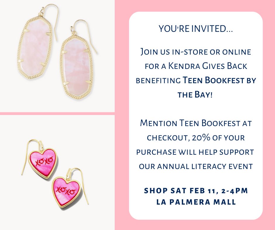 TBFBay's tweet photo. Need a gift for a loved one? Feb.11th 2:00-4:00 . Join us at Kendra Scott in store or online. Please mention Teen Bookfest by the Bay or use the online code GIVEBACK-DMRMH and you will be helping to support our literacy event. Thank you! #tbfbay #SupportLiteracy #KendraScott https://t.co/cJtVFsUafn