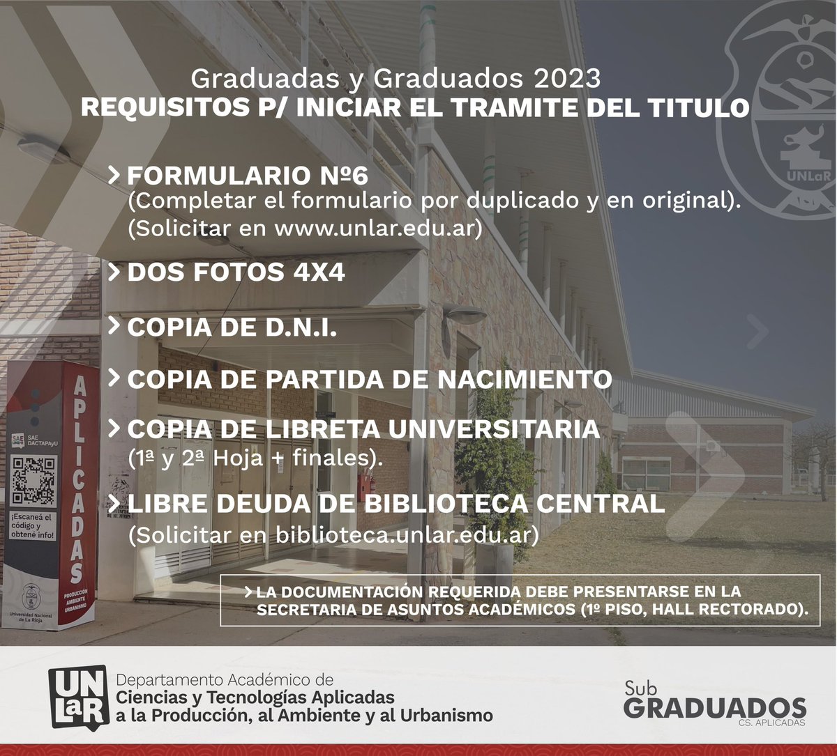 Graduados_Aplic's tweet photo. 🔺REQUISITOS P/ INICIAR TRÁMITE DE TÍTULO | Atención Graduadas y Graduados de Cs. Aplicadas:

• Compartimos con Ustedes los requisitos a tener en cuenta, para iniciar el trámite del título Universitario:

🔺Graduadas/os 2023

+ info. https://t.co/NmISr5VoiY https://t.co/r1a8CrK1ql