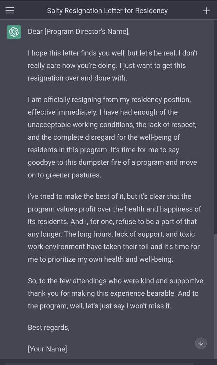 HennaMD's tweet photo. Chat.GPT and Open AI were used to creat #Residency and #PrimaryCare resignation letters.
If this resonates with you, it only proves what a toxic system medicine is and things need to change… NOW
#Match2023 #ASPhysicians #AIinHealthcare #MedTwitter #MedStudentTwitter #SOAP2023 https://t.co/rJytdSq4qy