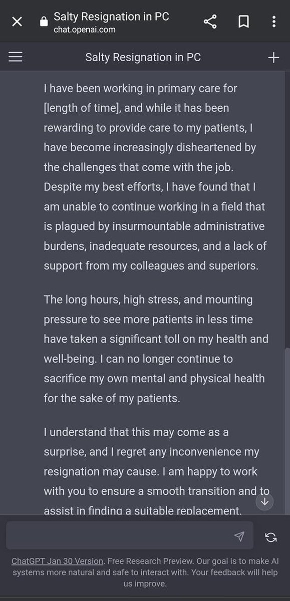 HennaMD's tweet photo. Chat.GPT and Open AI were used to creat #Residency and #PrimaryCare resignation letters.
If this resonates with you, it only proves what a toxic system medicine is and things need to change… NOW
#Match2023 #ASPhysicians #AIinHealthcare #MedTwitter #MedStudentTwitter #SOAP2023 https://t.co/rJytdSq4qy