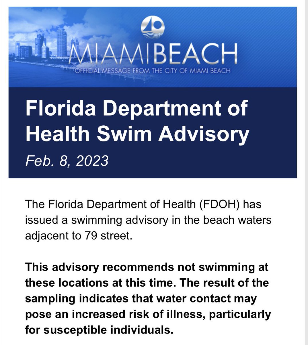 🚨BACTERIA 🚨 The Florida Department of Health (FDOH) has issued a swimming advisory in the beach waters adjacent to 79 street.

This advisory recommends not swimming at these locations at this time.