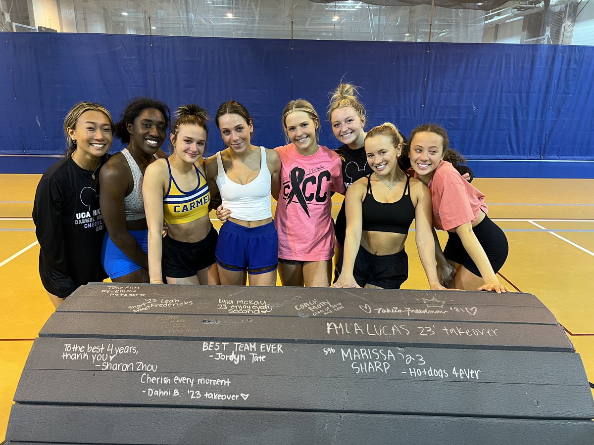 CarmelHSCheer's tweet photo. Greyhound Nation🐾We💙 you!Words of encouragement from our Athletic Director.A visual reminder of how much we are loved.We promise to proudly represent Carmel.Last practice for the Seniors- countless hours spent training on the mats will live on forever.#PACT100 #roadtonationals https://t.co/8PLCD9SwGE