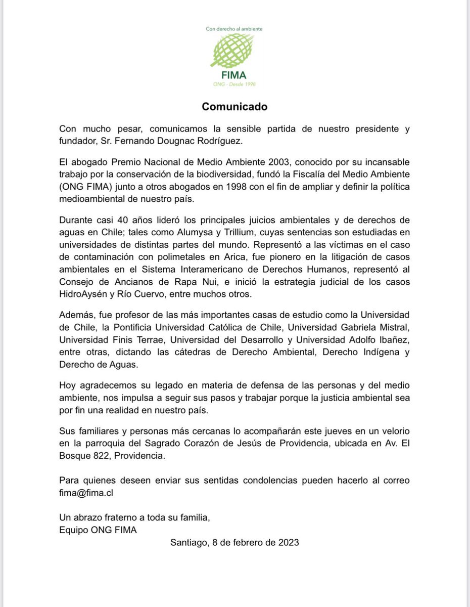 Ha partido el gran don Fernando Dougnac.

Un abogado brillante de mente y espíritu, que dejó su alma en cada uno de los ecosistemas que defendió.

Como un eslabón muy fuerte en la cadena intergeneracional de defensa de la dignidad y la justicia ambiental, su legado será eterno.