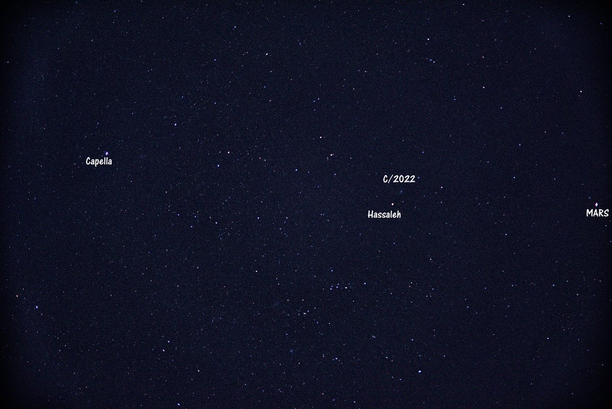 brooksbos's tweet photo. I captured our Green Comet C/2022 with my Nikon DSLR and a 75mm lens. This is Boston with lots of light pollution. #comet #cometaverde #cometZTF #CometaZTF #CometE3 #Space #Astrophotography #Capella #sky https://t.co/PRTAtu0JOF