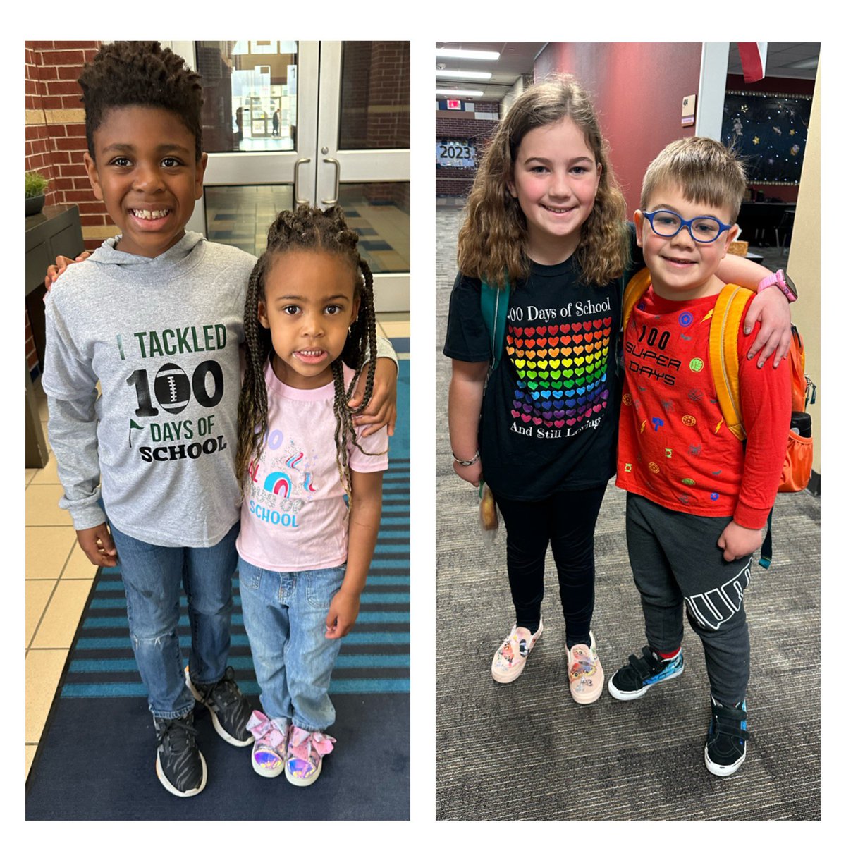 Warner students and staff celebrated 💯 days of school today. I was able to catch these sibling pairs with their 💯 day shirts this AM and BIG smiles. #WarnerPRIDE #100thdayofschool <a href="/WarnerCFISD/">Warner Elementary</a>