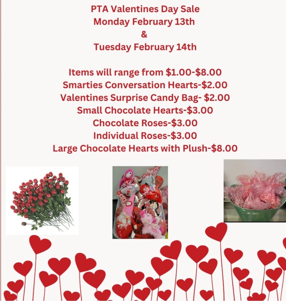 DAB PTA will be hosting a Valentine's Day Sale on Monday February 13th and Tuesday February 14th!