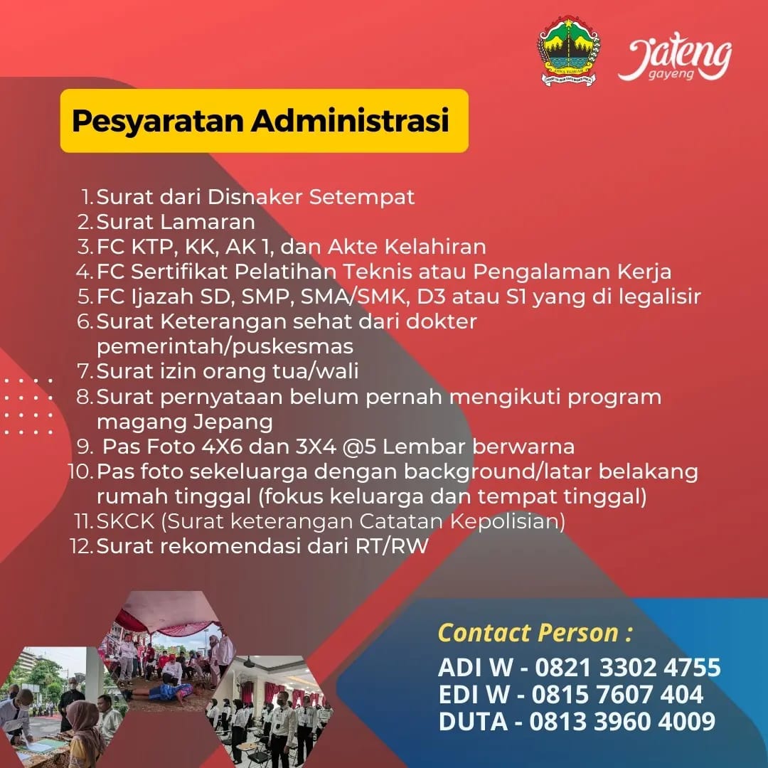 disnaker_jateng's tweet photo. Pendaftaran Program Magang Jepang Tahun 2023 Provinsi Jawa Tengah kembali di buka. bagi konco naker yang memiliki kualifikasi sesuai dengan ketentuan mari segera daftarkan diri.  pendaftaran khusus untuk  warga Provinsi Jawa Tengah, monggo Konco Naker.. https://t.co/mYotrkLPCC