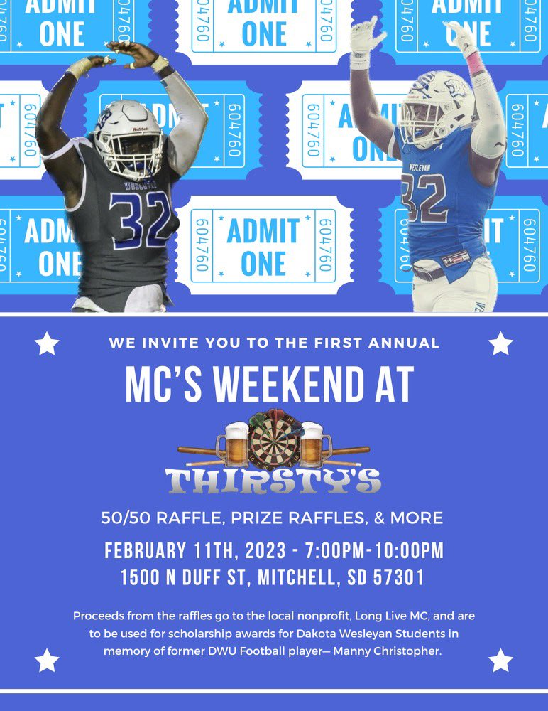 DWTigerFB's tweet photo. Come out to Thirsty’s Saturday night! Support a great cause in memory of a tremendous teammate and person #longliveMC #Bleedblue https://t.co/cFnn8vA5jj