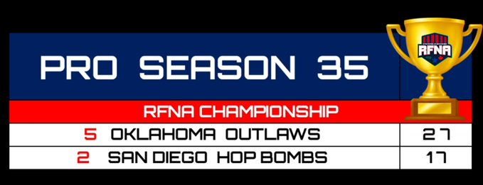 RFNorthAmerica's tweet image. RFNA PRO SEASON 35: FINALS! 🏆

Congratulations to The Oklahoma Outlaws as they become the 1st team in RFNA History to repeat as Champions! 5 total! With 7 appearences! WOW! Let the 🐐convos commence. 

Congrats to the Calgary Cowboys on winning the Invite Green Banner!