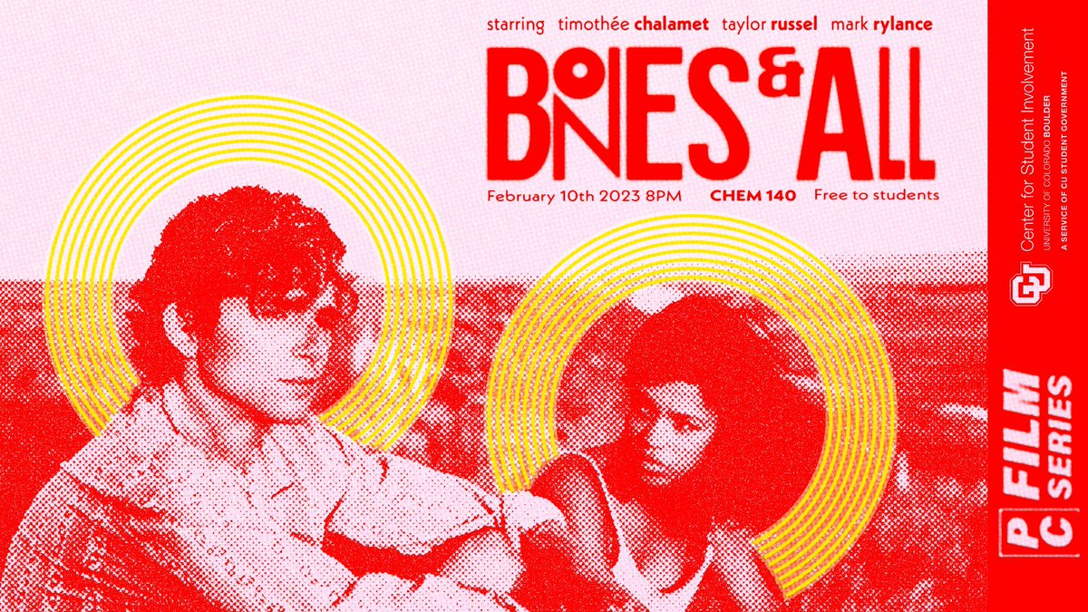 Come see Timothee Chalamet in Bones and All THIS FRIDAY!! We will be showing this highly rated film at 8pm in Chem 140 🎥🦴 DONT MISS OUT