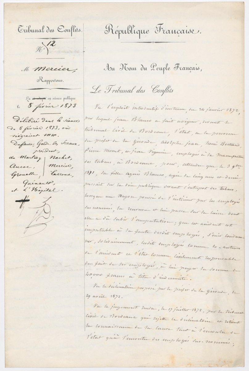 ISAIDPABON's tweet photo. Para quienes nos hemos formado en el derecho Administrativo, un 8 de febrero pero de 1873 el tribunal de conflictos Francés dio origen a una decisión trascendental, al reconocer la responsabilidad del Estado por los daños causados a particulares. #arretBlanco https://t.co/3qB6pY8Cf0