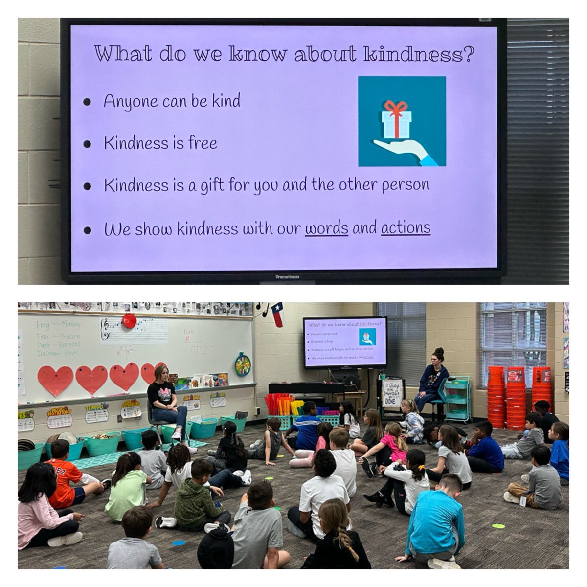 Mrs. Nachin presented her guidance lesson on kindness to second grade during <a href="/musicmakers501/">Mrs. Melancon’s Music Room</a> music class today. #WarnerPRIDE #Kindness <a href="/WarnerCFISD/">Warner Elementary</a>