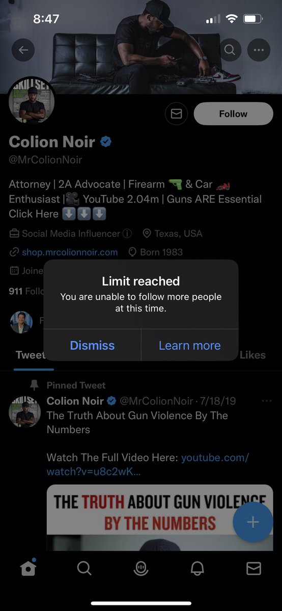 bigdog_smb's tweet image. Just tried to follow @MrColionNoir and it  gives me this! How could I reach a limit? I follow less than 100 people.