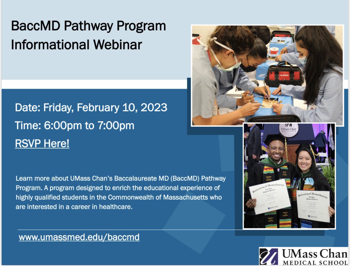 SSC_CSM's tweet image. Learn more about UMass Chan’s Baccalaureate MD Pathway Program THIS FRIDAY, February 10th, from 6-7pm! DM us for the RSVP link or check out the website in the picture :D