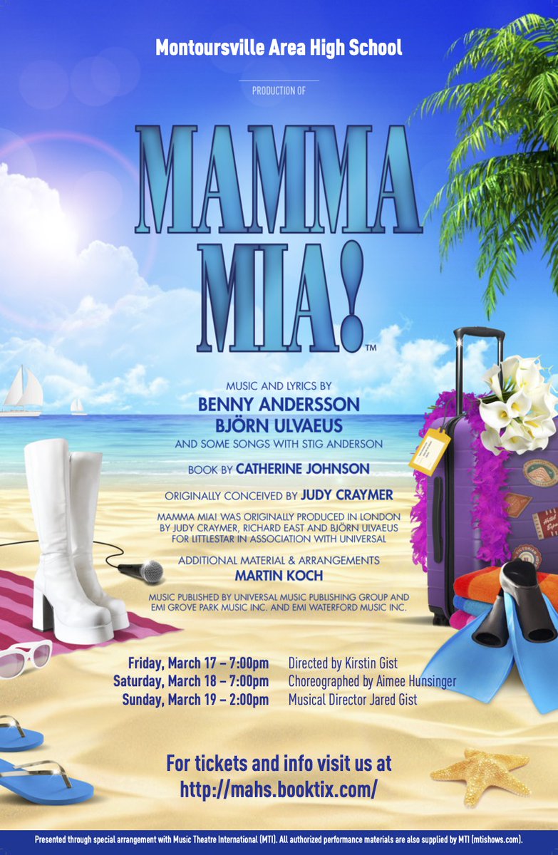 MAHS proudly presents its spring musical Mamma Mia!  Join us on March 17th -19th as we travel to Greece to celebrate the marriage of Sky and Sophie.  You'll laugh, you'll cry, and you'll be tempted to sing along! 

Tickets can be purchased at mahs.booktix.com