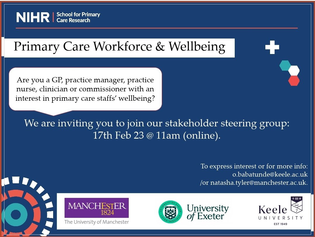 Are you a #GP #PracticeManager #practicenurse #clinician  #commissioner with an interest in #NHS #primarycare #Wellbeing? Online meeting 17th Feb 11am. Email: o.babatunde@keele.ac.uk or natasha.tyler@manchester.ac.uk 
#research @KeeleUniversity @OfficialUoM @UniofExeter @CRN_WMid