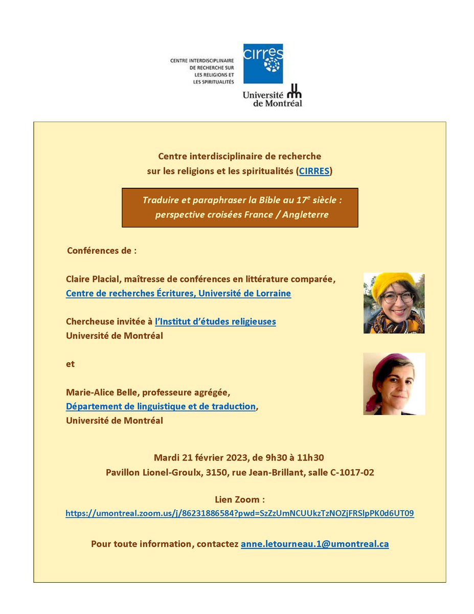 IÉR - Institut d'études religieuses UdeM (@ierudem) on Twitter photo Conférence à ne pas manquer:
Traduire et paraphraser la Bible au 17e siècle : perspectives croisées France / Angleterre
Avec les professeures <a href="/claireplacial/">Claire Placial</a> et Marie-Alice Belle (<a href="/UMontreal/">Université de Montréal</a> ).
Quand: le 21 février 2023, de 9h30 à 11h30
Mode : hybride Conférence à ne pas manquer:
Traduire et paraphraser la Bible au 17e siècle : perspectives croisées France / Angleterre
Avec les professeures <a href="/claireplacial/">Claire Placial</a> et Marie-Alice Belle (<a href="/UMontreal/">Université de Montréal</a> ).
Quand: le 21 février 2023, de 9h30 à 11h30
Mode : hybride