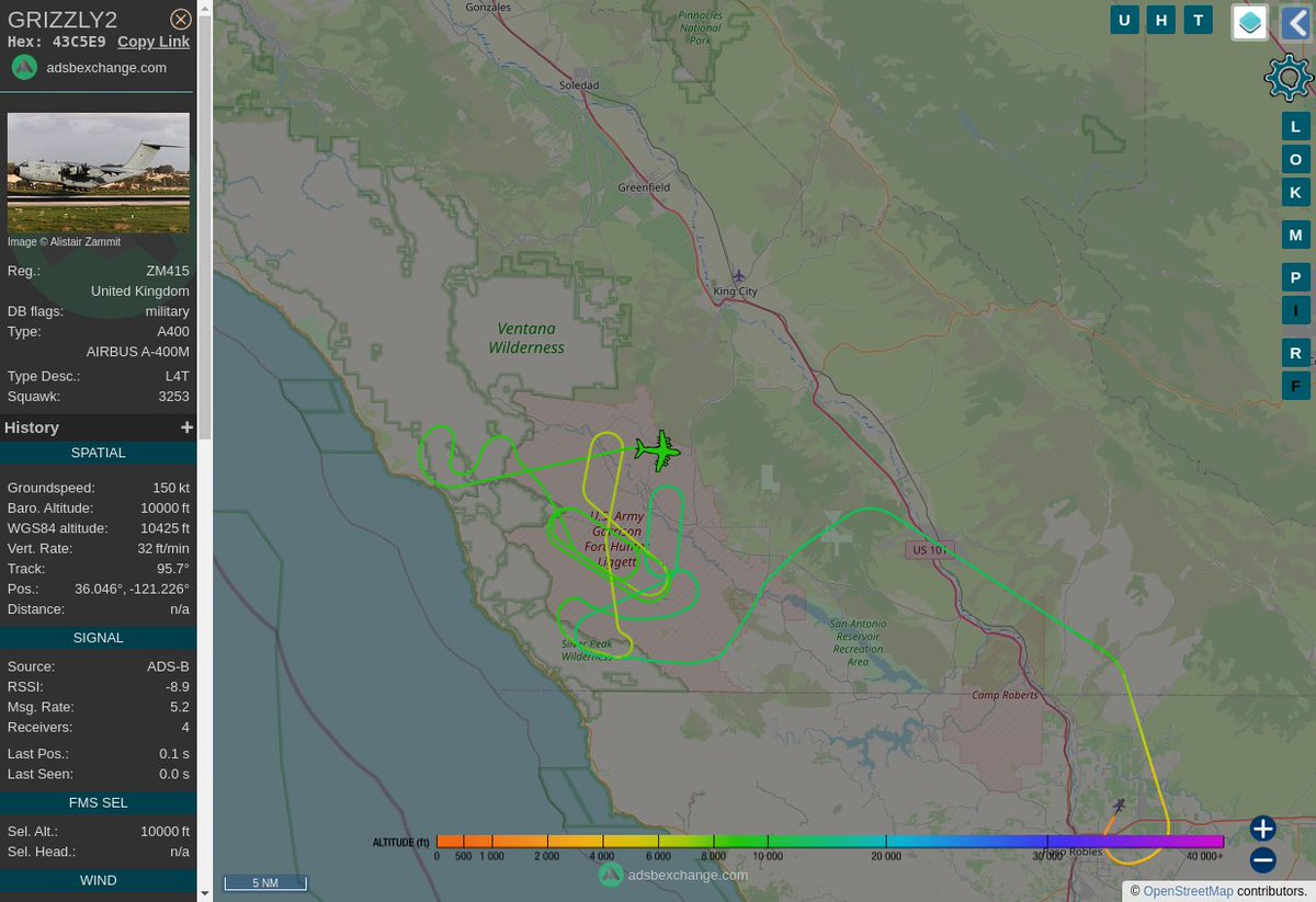 Radar_Assistant's tweet image. MULTI ADSBX MANOEUVRING ALERT : At time Thu Feb  9 01:58:25 2023 #GRIZZLY2 was likely to be manoeuvring at FL99 11nm from HGT Hunter_Liggett_NDB_US
 near Monterey County, CAL Fire Southern Region, Califor #AvGeek #ADSB globe.adsbexchange.com/?icao=43C5E9&amp;amp;z…
