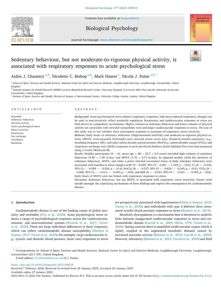 Dr Aiden Chauntry (@aidenchauntry) on Twitter photo Excited to share our newest paper, which has just been published in <a href="/BiolPsychology/">BiologicalPsychology</a>.
We found that sedentary behaviour 💺, but not mod-to-vig physical activity 🚫🏃♂️, was linked to how our respiratory system responds to acute psychological stress! Excited to share our newest paper, which has just been published in <a href="/BiolPsychology/">BiologicalPsychology</a>.
We found that sedentary behaviour 💺, but not mod-to-vig physical activity 🚫🏃♂️, was linked to how our respiratory system responds to acute psychological stress!