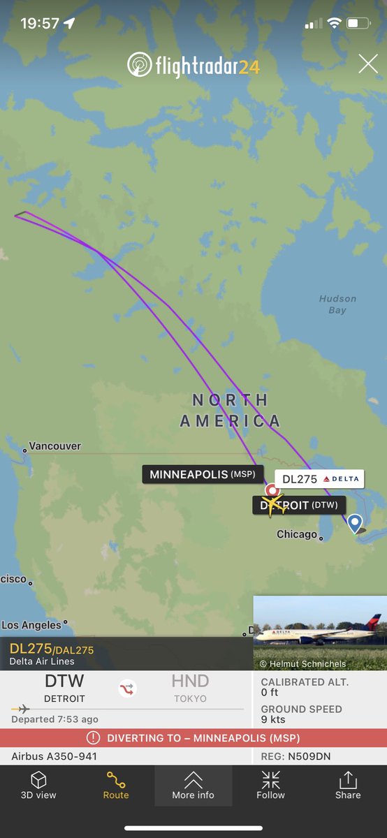 flightradar24's tweet photo. #DL275 from Detroit to Tokyo just diverted to Minneapolis. Reason currently unconfirmed, but the aircraft is not scheduled to remain at MSP long. 
https://t.co/AQANTSj2yz https://t.co/XvgPuOPjSL