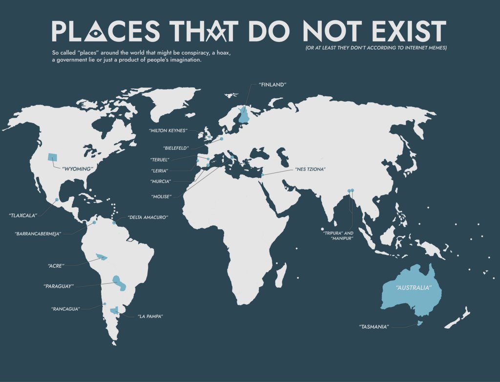 AddictMap's tweet image. Places that "don't exist" according to internet memes (many based on the original "Bielefeld Conspiracy") | Source: ift.tt/PiLn2df #maps #geography
