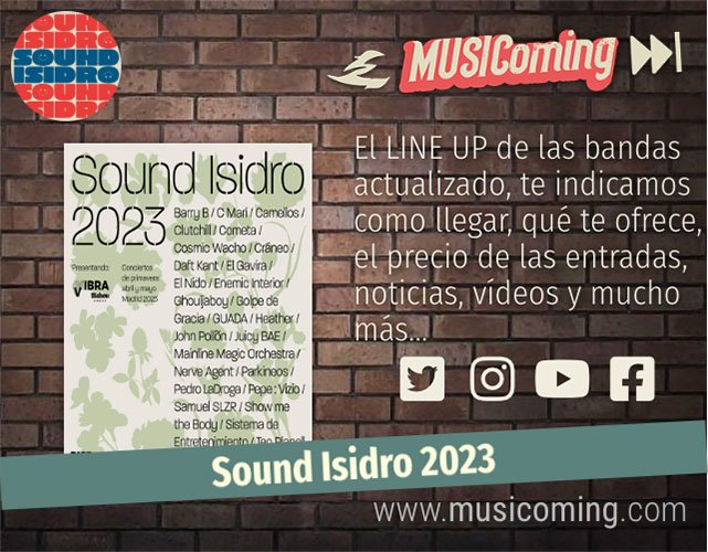 ¡¡SE ACERCA @soundisidro IS COMING!! 
🎸🎵🎶

#Madrid #SoundIsidro2023 #Festivales2023

@VibraMahou @SurfinBichos @elnidomusica @VeraFauna @camellosdigame @SamuelSlzr @parkineos @showmethebody @elbarryb @Lajuicybabyy @nerveagentVDO @MainlineMagic

👇👇👇
musicoming.com/festivales/sou…