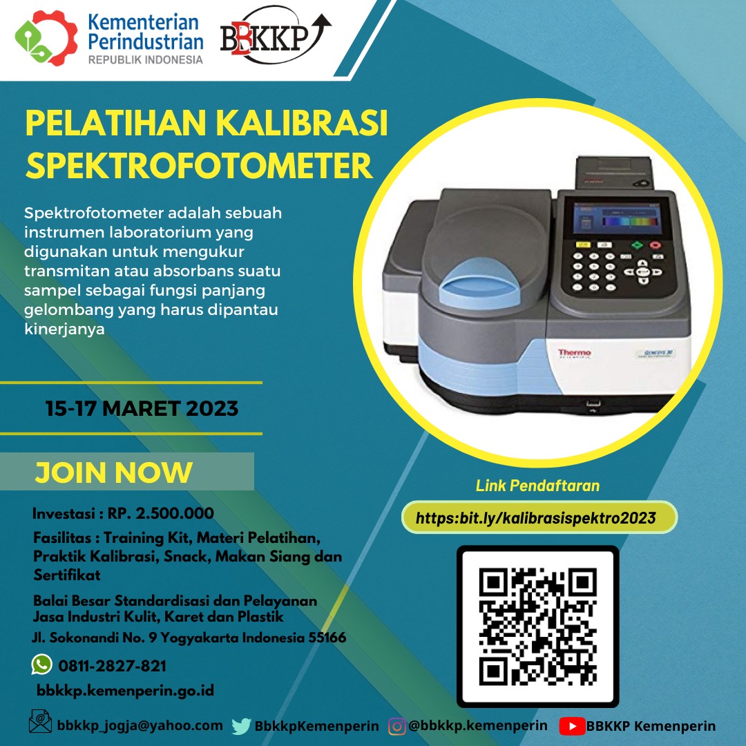 BbkkpKemenperin's tweet image. Pelatihan Kalibrasi Spektrofotometer

🗓 15 - 17 Maret 2023
⚙️ Luring di BBSPJIKKP
💲 IDR 2.500.000

▪️ Pendaftaran: bit.ly/kalibrasispekt…
▪️ Informasi: wa.me/628112827821

#kemenperin #kemenperin_ri
#bbkkp #bbspjikkp
#training #kalibrasi
#Spektrofotometer