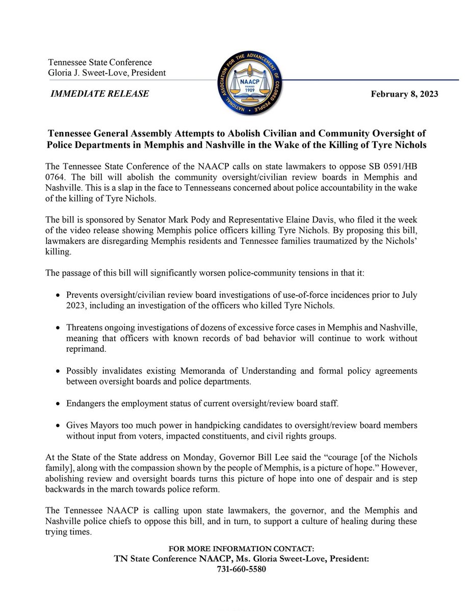SekouFranklin's tweet photo. TN NAACP "calls on state lawmakers to oppose SB 0591/HB 0764. The bill will abolish the community oversight/civilian review boards in Memphis &amp; Nashville. This is a slap in the face to Tennesseans concerned about police accountability in the wake 
of the killing of Tyre Nichols." https://t.co/EJYLYaNVwr