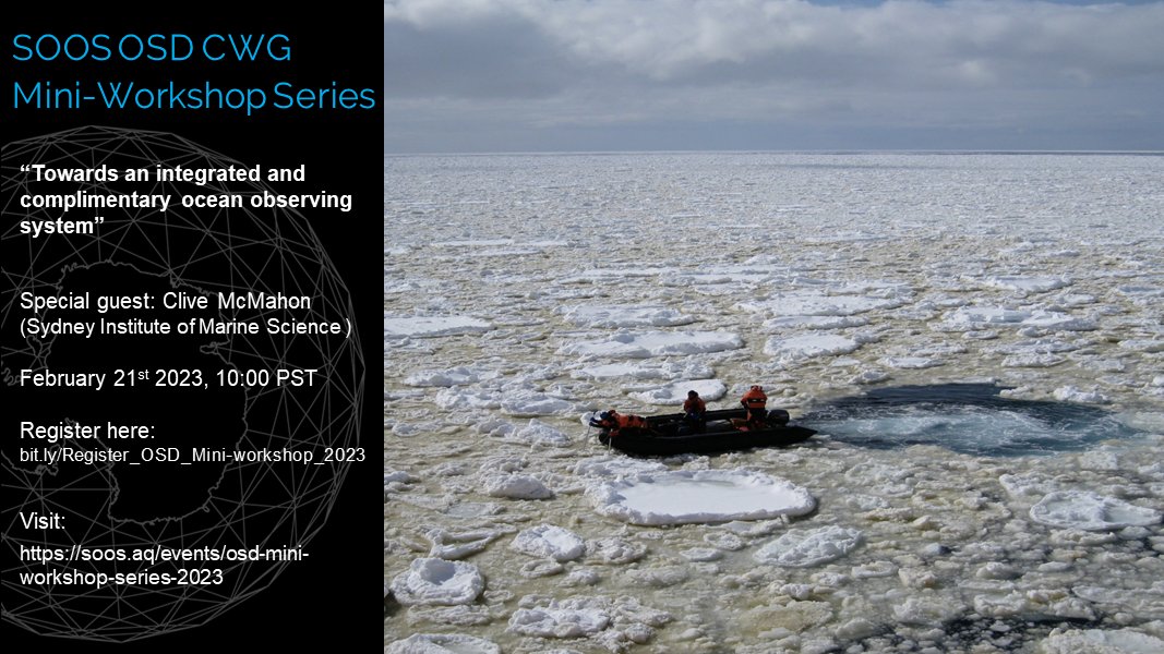 SOOSocean's tweet photo. Next OSD Mini-workshop "Towards an integrated and complimentary ocean observing system" with a scene-setting talk by @clive_mcmahon @ani_bos on 21 Feb at 10:00 PST!
Be part of the discussion and get all the info here: https://t.co/8gHEEEj3gU https://t.co/luob5U7ghI