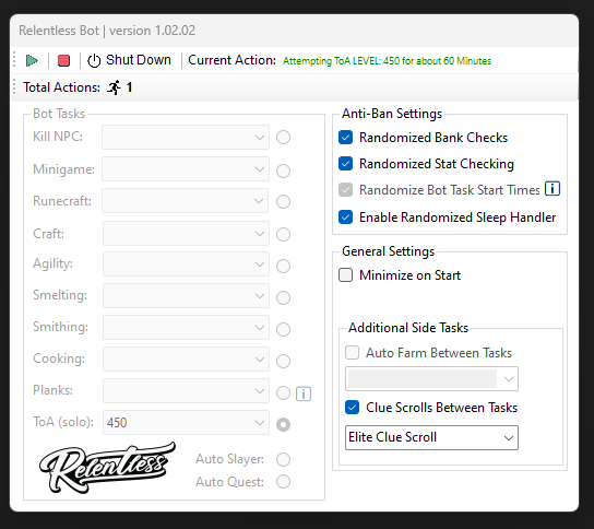 RelentlessOSRS's tweet image. 1.2.2 is right around the corner. ToA &amp;amp; plank making has been added, and several bugs have been fixed. Now working on tweaking side tasks. Probably going to make ToA more customizable where users can input a raid time frame due to different stats/gear that can alter it for every1