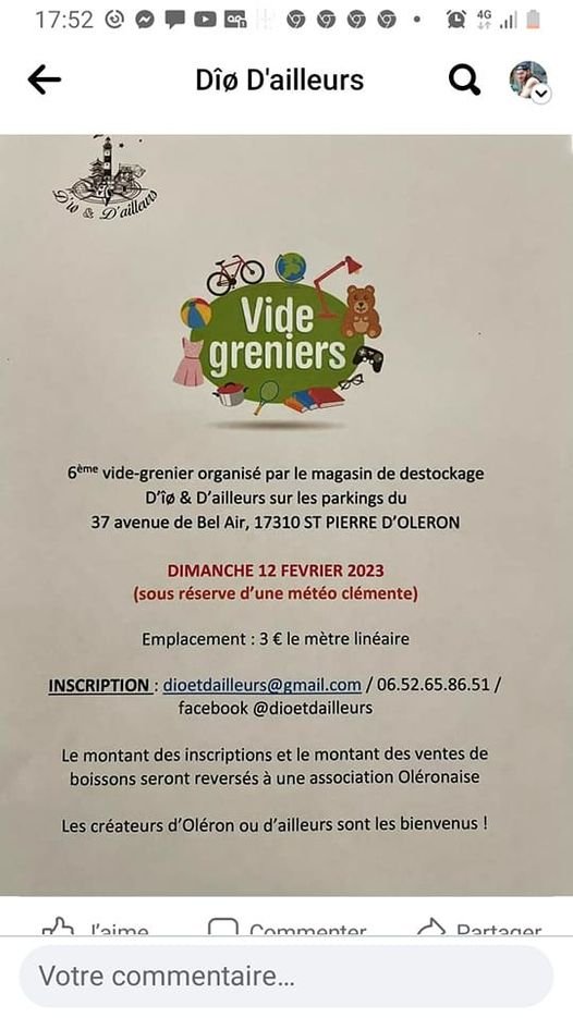 DelavegaPepita's tweet photo. 📢📢
Dimanche 12/02 ,le magasin Dîø D'ailleurs à #SaintPierredOléron organise 1 vide grenier au bénéfice du refuge Oléronais 😍
Venez nombreux 😃 De 9h a à 17h
il y a encore des places dispo pour s'inscrire  📞0652658651 pour les réservations d'emplacements🥰
#dpt17 https://t.co/lAiQjja0YP