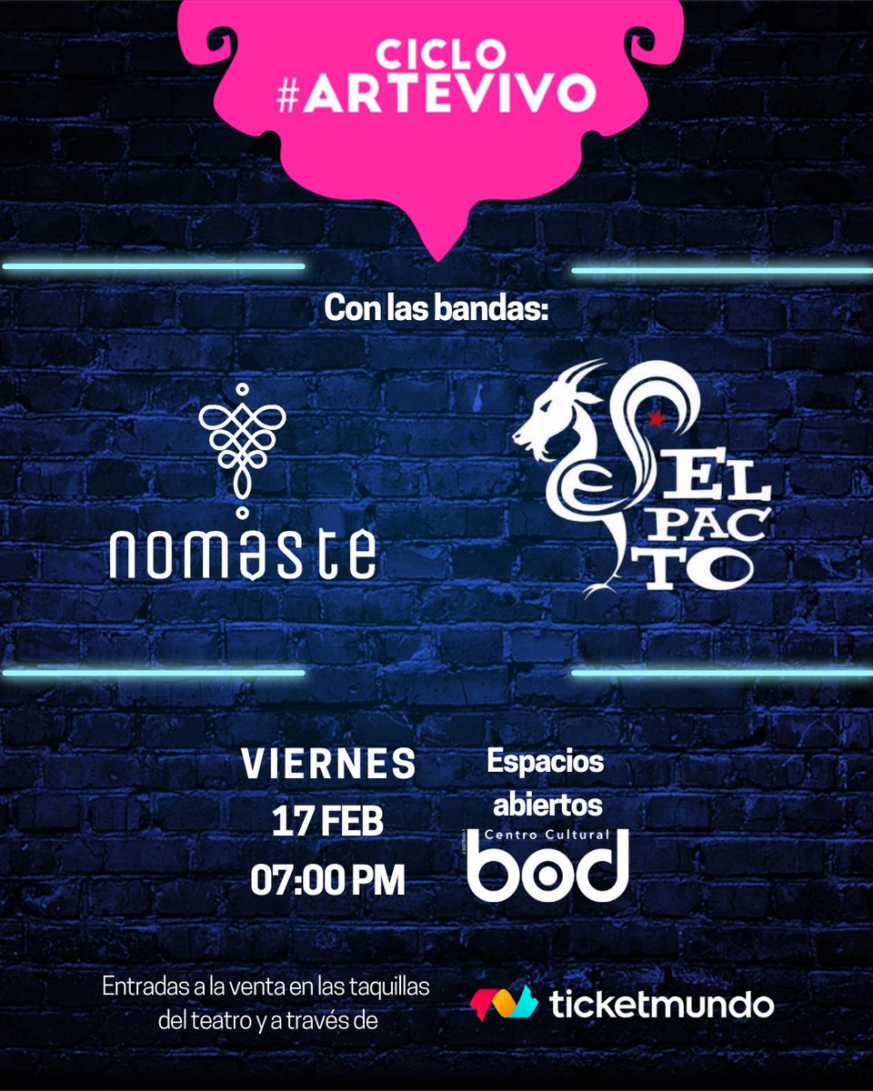 nomasteband's tweet photo. El viernes 17 de Febrero a partir de las 7:00 pm, prendemos la fiesta junto a @ElPactoEP en @CCulturalBOD en la serie de conciertos que están realizando @cicloartevivo y @MelchorBackline

#nomaste #girlpower #rockve  #diversidad #livemusic #livetoplay #movidacaraqueña #musiclife https://t.co/TKJOKplxpW