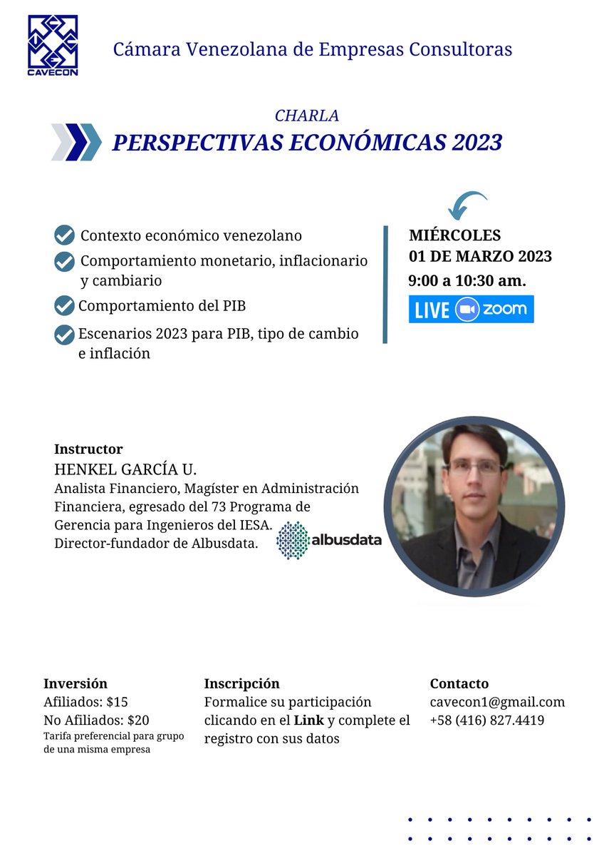 Estimado Afiliado y Relacionado:
Lo invitamos a la Charla: Perspectivas Económicas 2023, a cargo de <a href="/HenkelGarcia/">Henkel Garcia U.</a> de <a href="/albusdata/">albusdata</a> . Marzo 01/2023. Información: cavecon1@gmail.com +58 (416) 827.4419 o registro: docs.google.com/forms/d/e/1FAI…