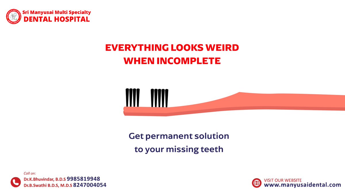 Everything looks weird when incomplete.
Get permanent solution to your missing teeth.

#manyusaidental #dentalhealth #dentalcare #dentaltreatment #dentalclinic #fixyoursmile #fixyourteeth