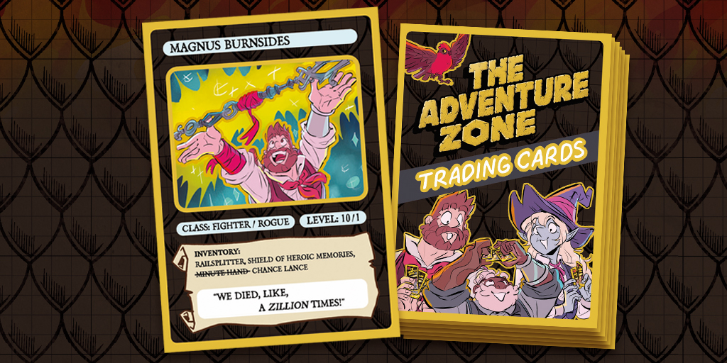 01FirstSecond's tweet photo. Calling all #ZoneCast fans! THE ADVENTURE ZONE: THE ELEVENTH HOUR by @McElroyFamily & @careydraws hits shelves in one week AND we have two more trading card designs to share with you 😍 Learn how you can get a trading card set (and signed bookplate!) here: https://t.co/yV28UXXEYK https://t.co/gYCtnb83Iz
