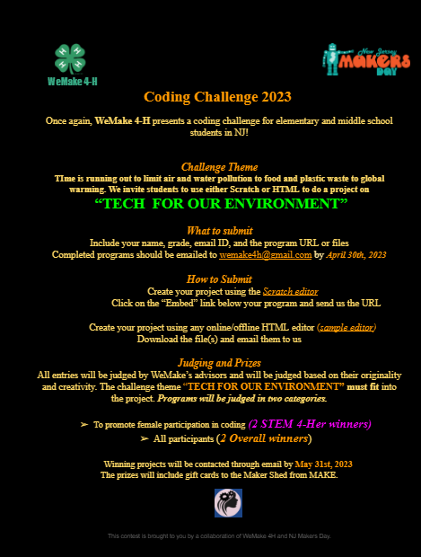 rrout_'s tweet photo. Calling all elementary and middle school coders in New Jersey to participate in the "Coding Challenge 2023"!
#NJSTEMMonth @wemake4h @NJSTEMPathways @njmakersday @NJSACC #code #STEM4Her https://t.co/dEZ1jlWWzh