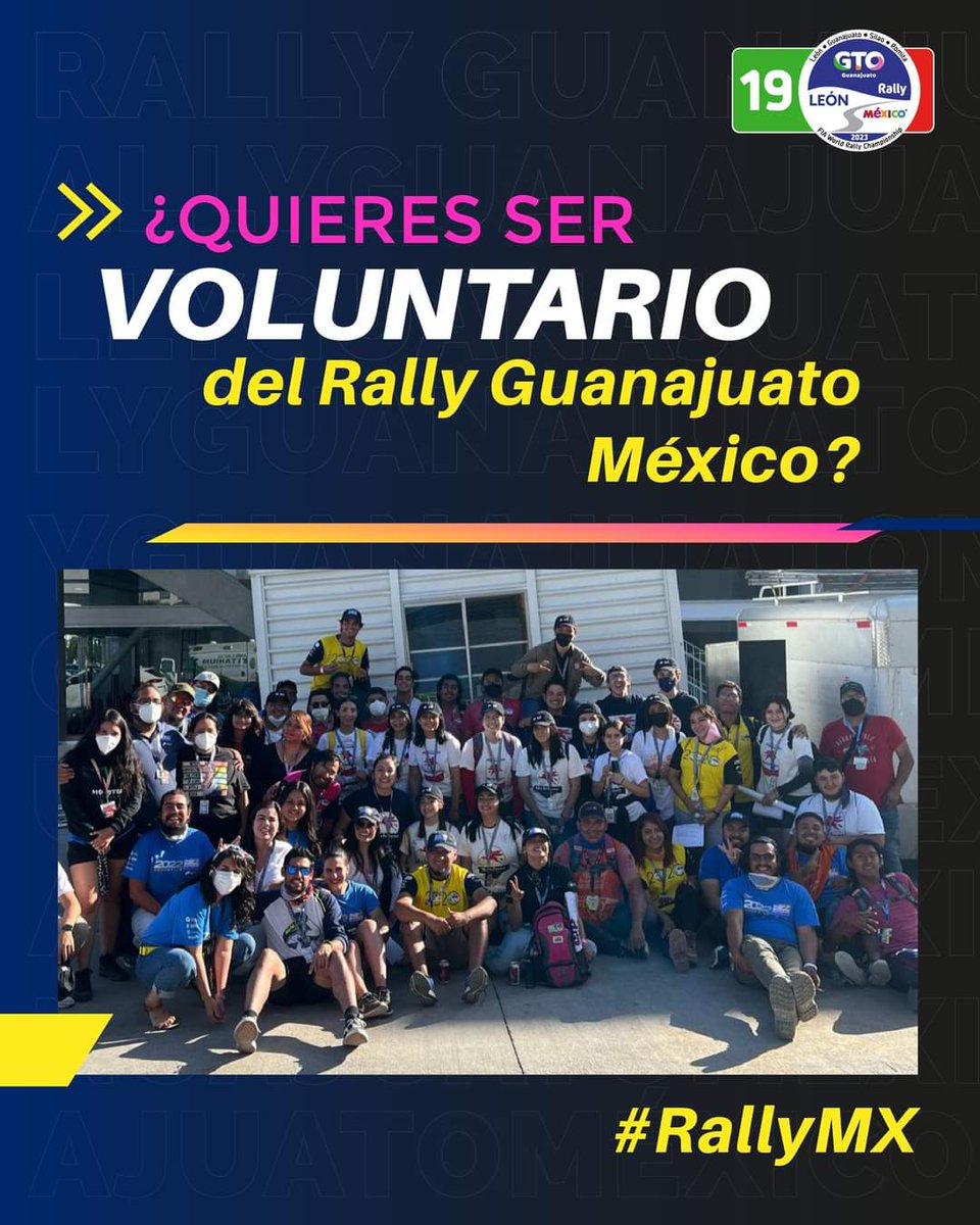 Distrito_LeonMx's tweet image. ¿Te gustaría formar parte de la organización del Rally Guanajuato México?🤩🚘🇲🇽

¡La convocatoria de voluntarios, para el @RallyMexico está abierta!😃👏

Realiza tu registro en 👉 linktr.ee/distritoleonmx y conoce el #RallyMX desde otro ángulo 😉👌