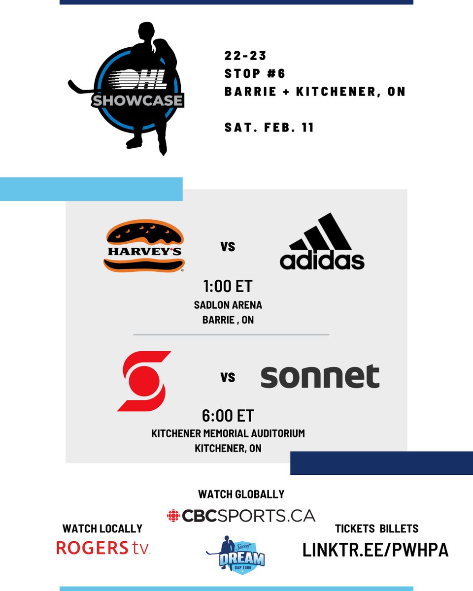 PWHLPA's tweet photo. The @OHLHockey Showcase continues with the #SDGT hosted by the @OHLBarrieColts and @OHLRangers! 
  
📍 Sadlon Arena &amp; Kitchener Memorial Auditorium
📺 @cbcsports + locally on Rogers Super Sports Pak: Ch. 463
🎟 https://t.co/M5XCv0W8xd https://t.co/57MxlOv1wd
