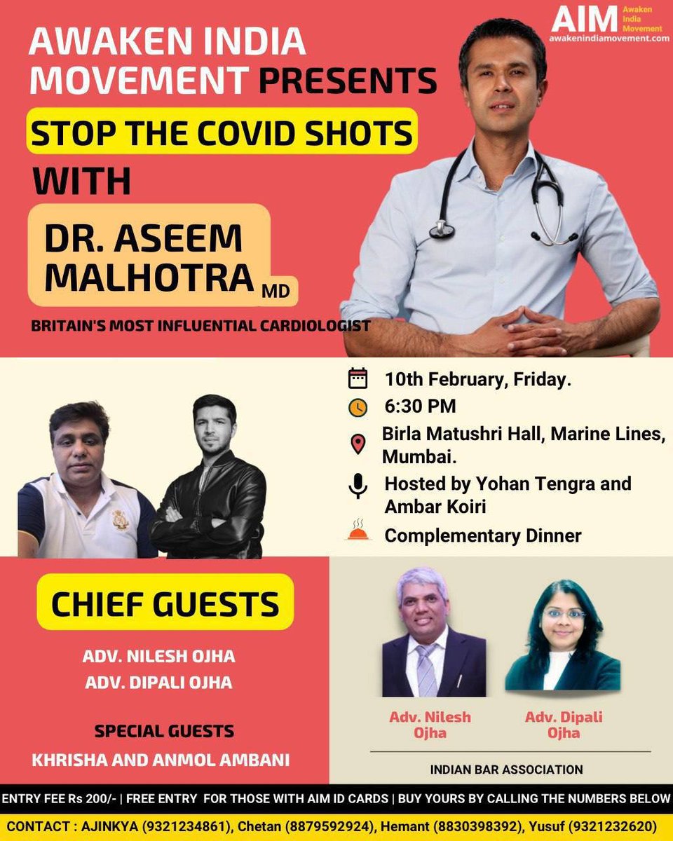 awakenindiamvmt's tweet photo. Coming down all the way from UK is none other than Dr. Aseem Malhotra @DrAseemMalhotra , Britain’s most influential cardiologist!

Join us on this special evening as Dr. Malhotra educates on the dangers of the Covid-19 vaccines, and why they should be stopped completely. https://t.co/kSAwdM5nqE