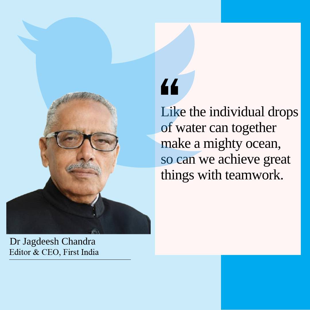 thefirstindia's tweet photo. Like the individual drops of water can together make a mighty ocean, so can we achieve great things with teamwork.

Dr Jagdeesh Chandra,
Editor &amp; CEO, First India

#JCThought #JCTweet #JagdeeshChandra #ThursdayThoughts #TheFirstIndia https://t.co/sEMyCTL3pu